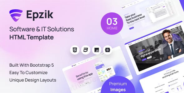 Epzik IT solutions HTML template homepage preview showing modern software company layout with Elementor PRO editing interface