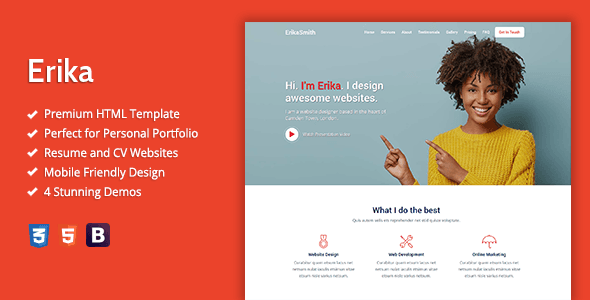 Erika HTML portfolio template preview showing a responsive CV and resume website layout