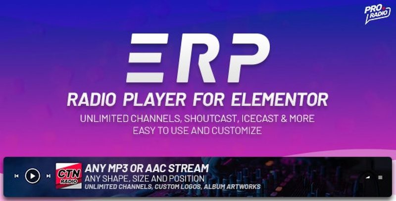 Erplayer Elementor radio player widget with customizable design options and live audio streaming
