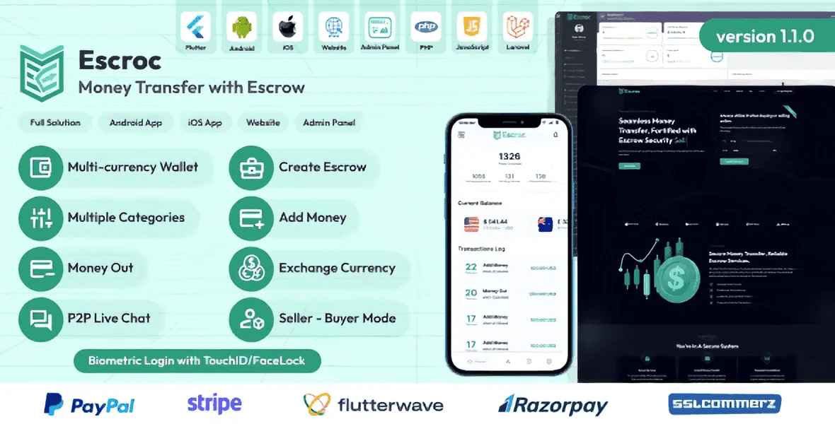 Escroc escrow money transfer PHP script platform with admin panel and mobile apps