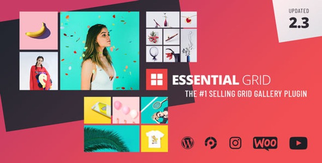 Essential Grid Gallery WordPress plugin dashboard showing responsive grid layout with mixed media content from Instagram, YouTube, and WooCommerce