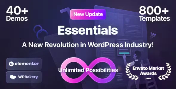 Essentials multipurpose WordPress theme demo showcasing responsive layouts and Elementor page builder interface