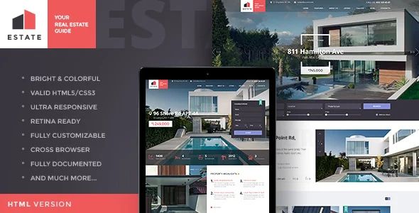 Estate real estate website template homepage preview with property listings layout