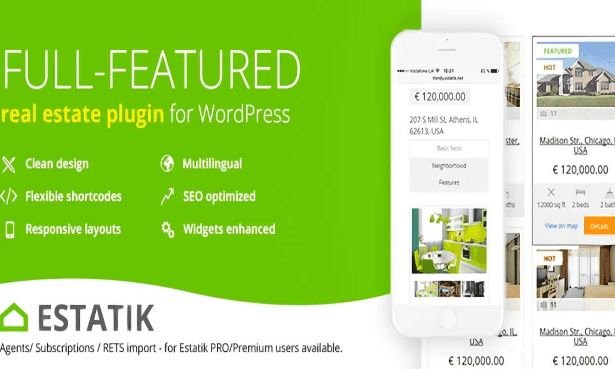 Estatik PRO WordPress real estate plugin dashboard showing property listing management and map search features