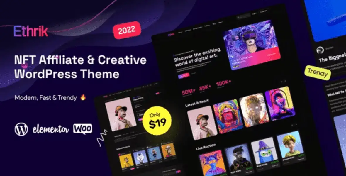 Ethrik NFT WordPress theme preview for Web3 and crypto marketplace websites