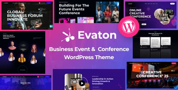 Evaton event conference WordPress theme homepage demo layout with Elementor