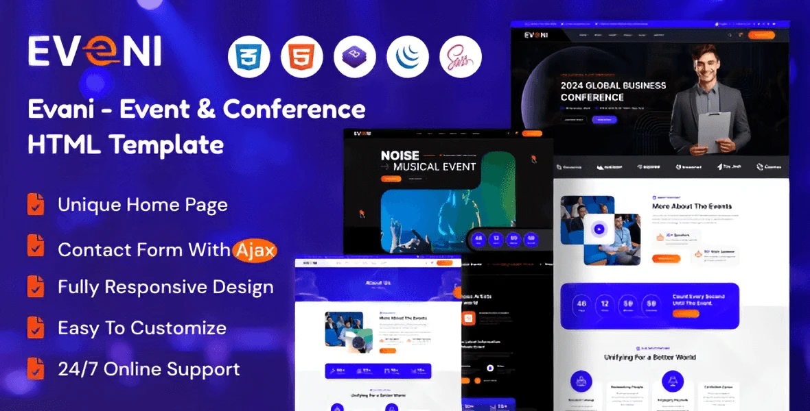 Eveni event and conference HTML template homepage preview showing a modern responsive event website layout