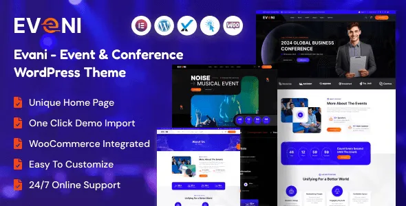 Eveni event and conference WordPress theme homepage preview with Elementor layout