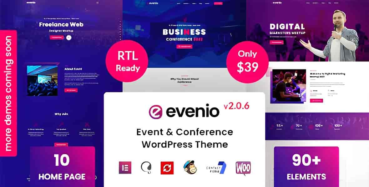 Evenio WordPress theme for events and conferences with pre-built homepage designs