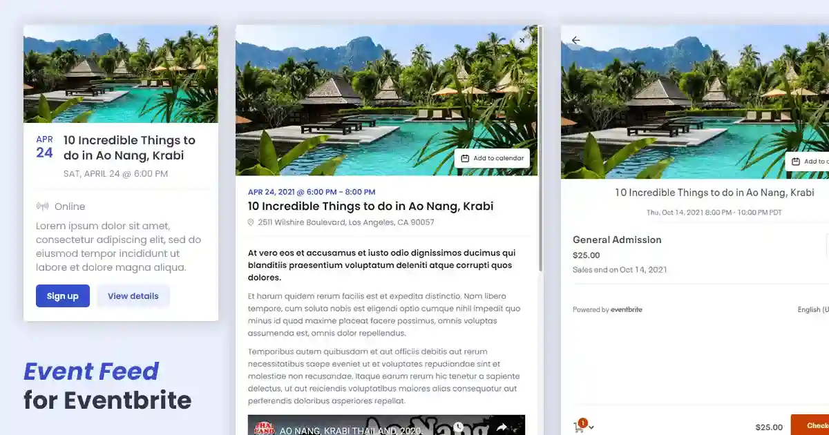 Event Feed for Eventbrite Pro plugin showing live Eventbrite events in a customizable grid layout on WordPress