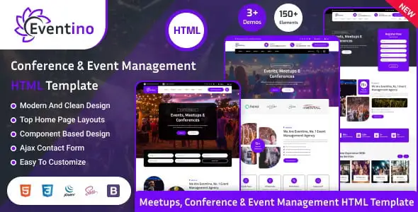 Eventino responsive event HTML template for conferences and meetups built on Bootstrap 5