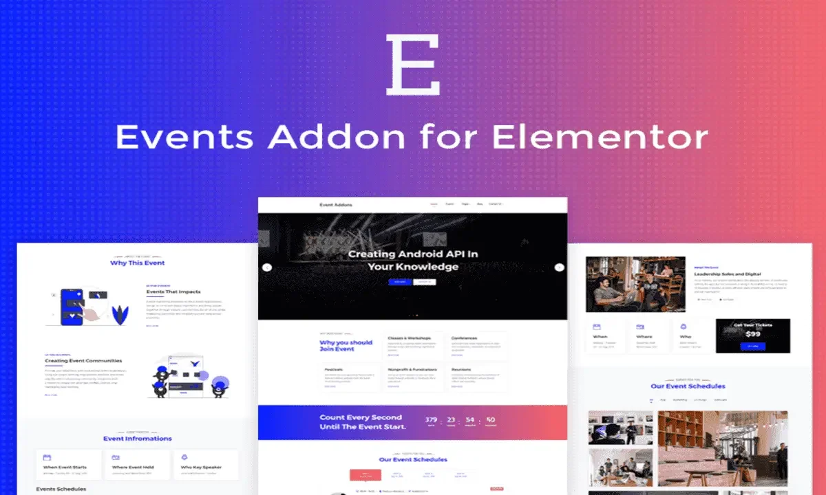 Events Pro Addon for Elementor interface showing drag-and-drop event widgets in the Elementor editor