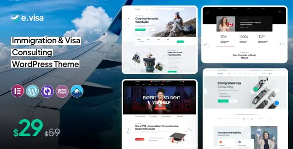 Evisa immigration and visa consulting WordPress theme preview showcasing a professional corporate website layout