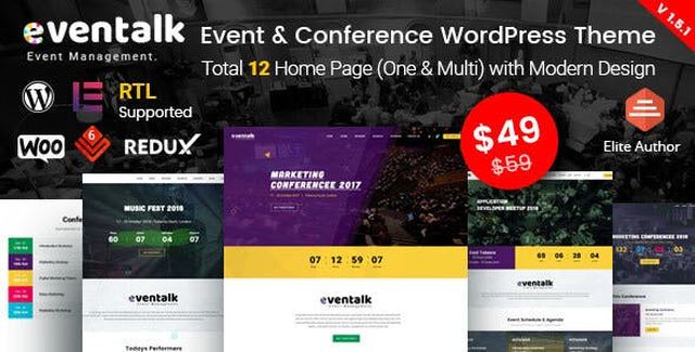 EvnTalk event conference WordPress theme homepage layout preview with Elementor design options