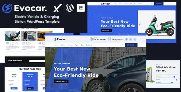 Evocar WordPress theme preview for electric vehicle charging station and car rental business websites