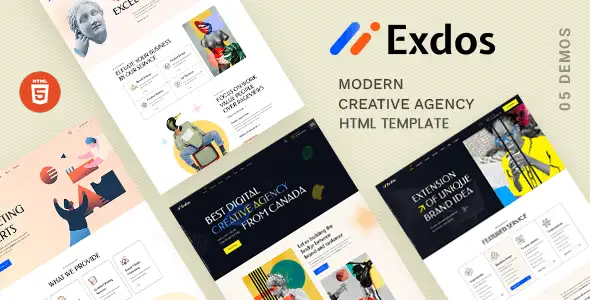 Exdos creative agency HTML template preview showing five homepage variations and e-commerce shop pages on desktop and mobile devices