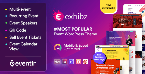 Exhibz conference and event WordPress theme preview showcasing Elementor layout options and event schedule templates