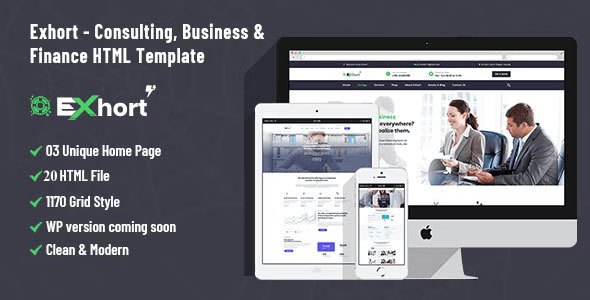 Exhort business consulting HTML template demo preview showing finance website design