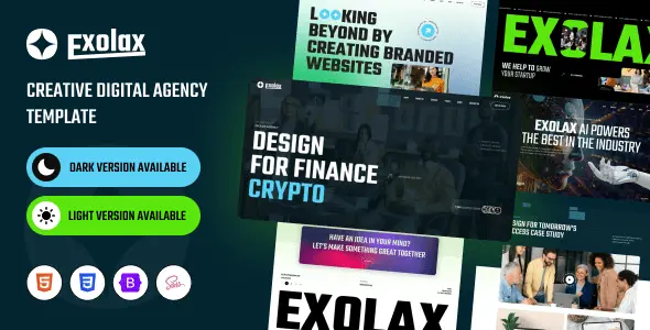 Exolax creative agency HTML template showcasing a modern responsive portfolio design with light and dark version options