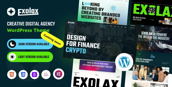 Exolax creative digital agency WordPress theme demo preview showcasing modern portfolio design