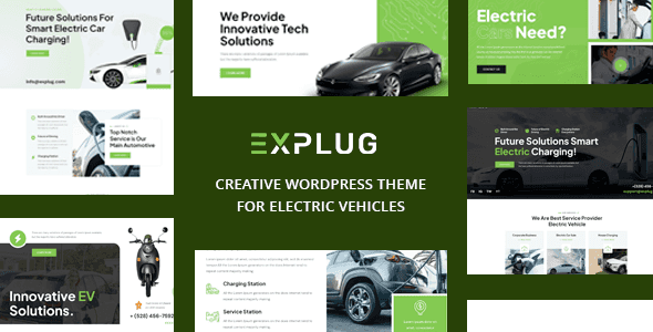 Explug EV WordPress theme homepage preview showcasing electric vehicle brand website design