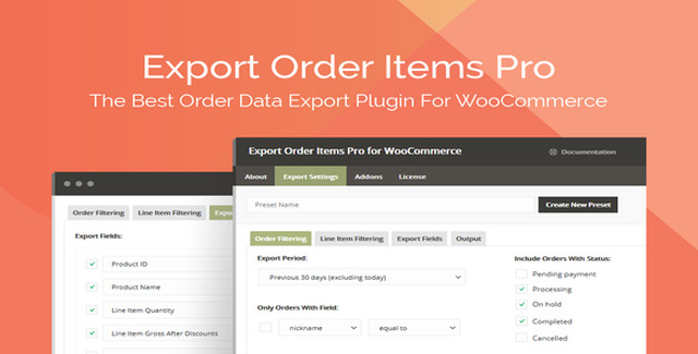 Export Order Items Pro WooCommerce order export plugin interface showing CSV and XLSX export options