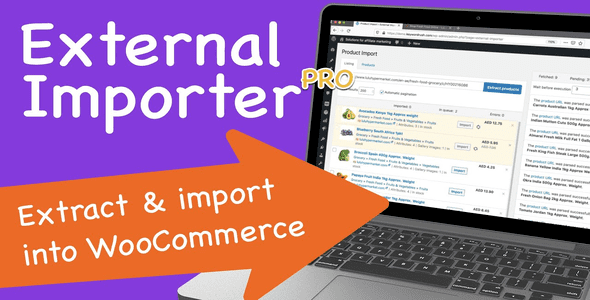 External Importer Pro WordPress plugin interface showing product import from external store URL