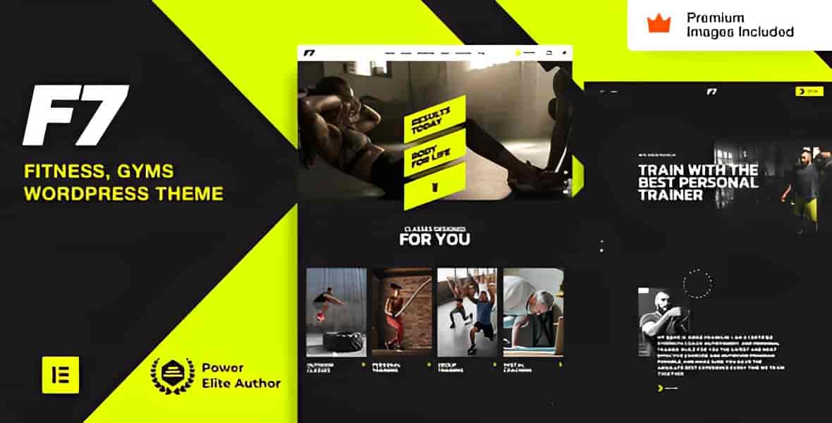 F7 Fitness Gym WordPress Theme preview showcasing a modern gym website layout