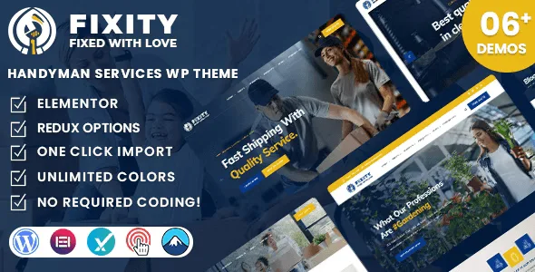 Fixity handyman WordPress theme preview showing professional service business website layout with Elementor compatibility
