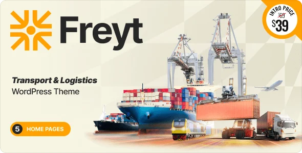 FREYT WordPress theme homepage showing freight transport demo with service grid, fleet showcase, and quote calculator
