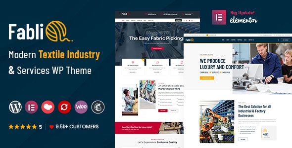 Fablio textile industry WordPress theme preview showcasing a modern corporate layout for manufacturing businesses