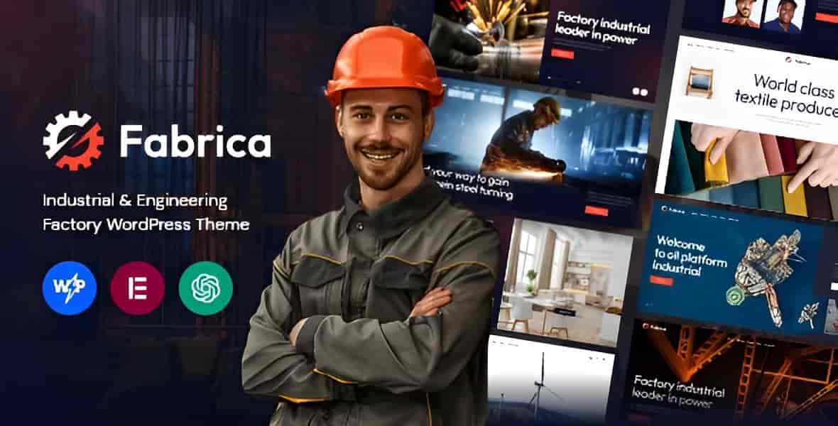 Fabrica industrial WordPress theme showcasing a modern corporate website layout for engineering and manufacturing businesses