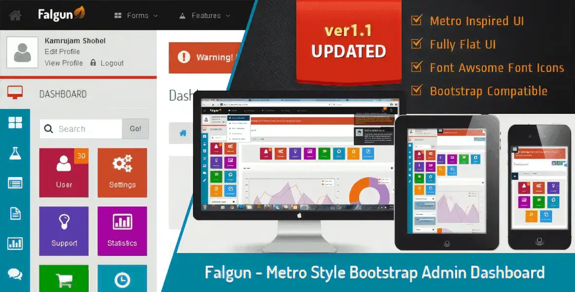Falgun Metro Bootstrap admin dashboard template showing a clean, responsive admin panel with multiple themes and jQuery UI components