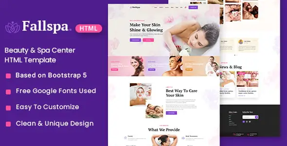 Fallspa beauty spa HTML template preview showing homepage hero, service grid, and mobile responsive views