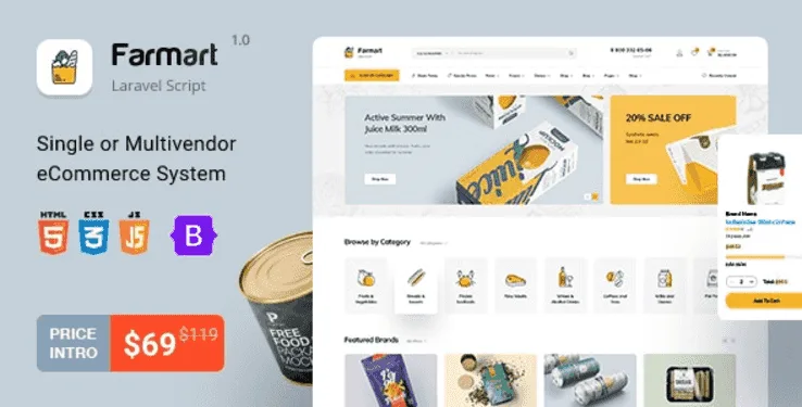 Farmart Laravel marketplace admin dashboard showing vendor management and product listings