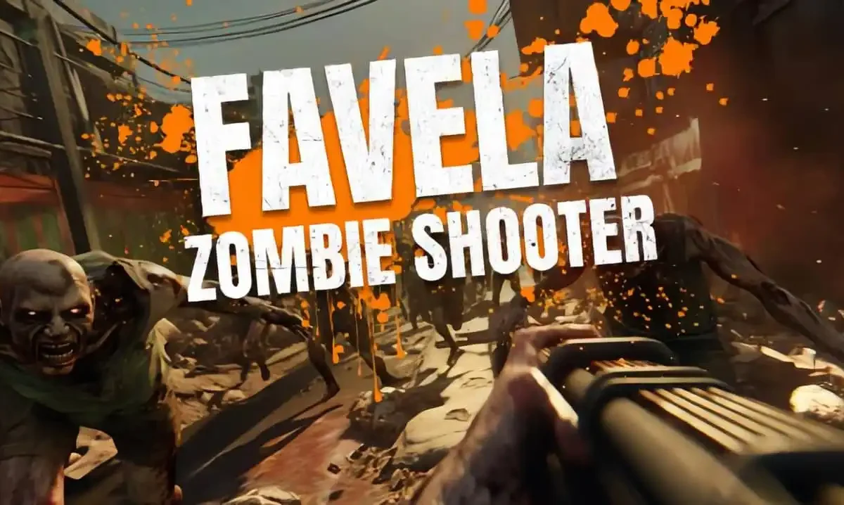Favela Zombie Shooter PC game cover featuring a survivor fighting waves of zombies in a Brazilian favela setting