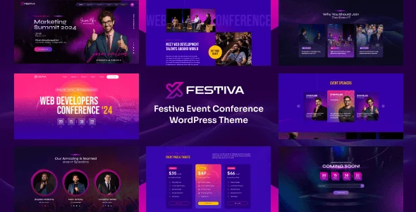 Festiva event WordPress theme preview showing responsive conference website layout