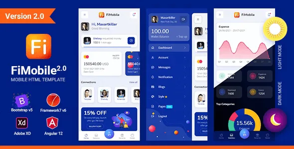 FiMobile finance and wallet HTML template dashboard preview with Bootstrap 5 and Angular 12