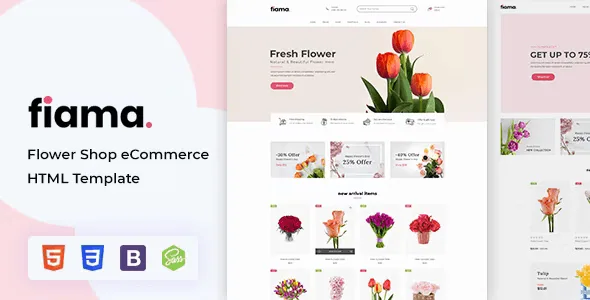 Fiama florist ecommerce Bootstrap template homepage preview with elegant flower shop design