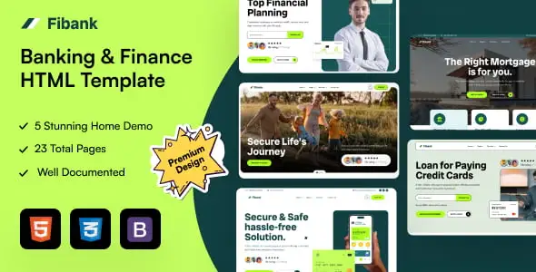Fibank banking and finance HTML5 template showing responsive financial website layouts