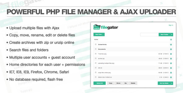 FileGator PRO PHP file manager script interface with multi-user support and file management features