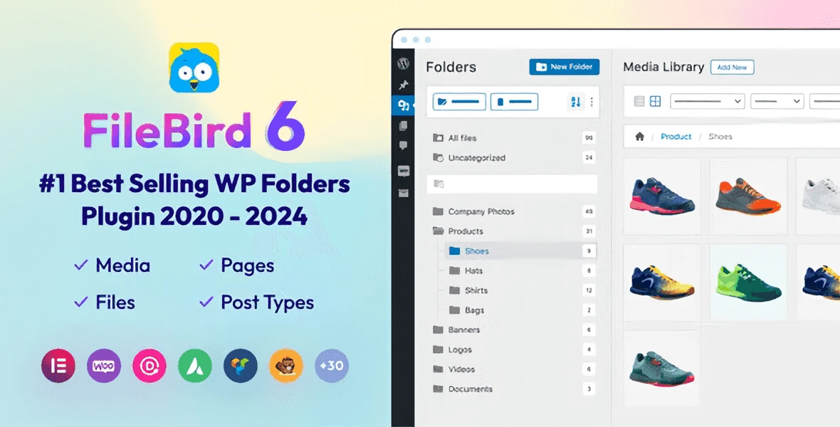Filebird WordPress Media Library Folders plugin showing folder tree sidebar with drag-and-drop media organization