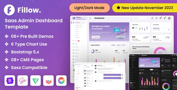 Fillow SaaS admin dashboard template preview showing dark mode interface with sidebar navigation