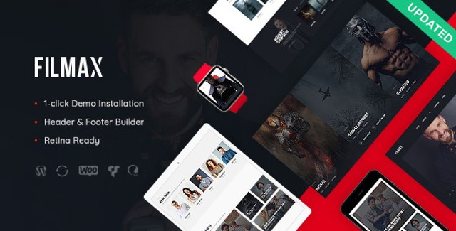 Filmax movie magazine WordPress theme showcasing responsive blog layout with video and article features