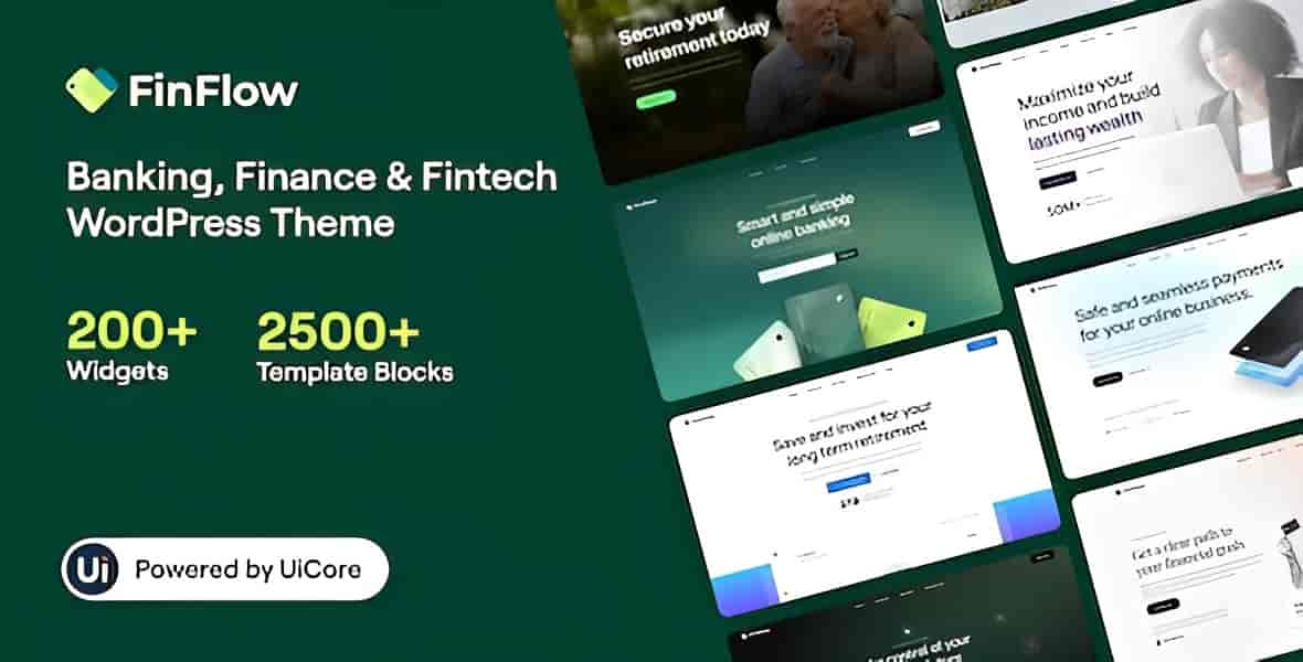 FinFlow WordPress theme homepage demo showing clean financial services layout with hero section, service cards, and trust indicators