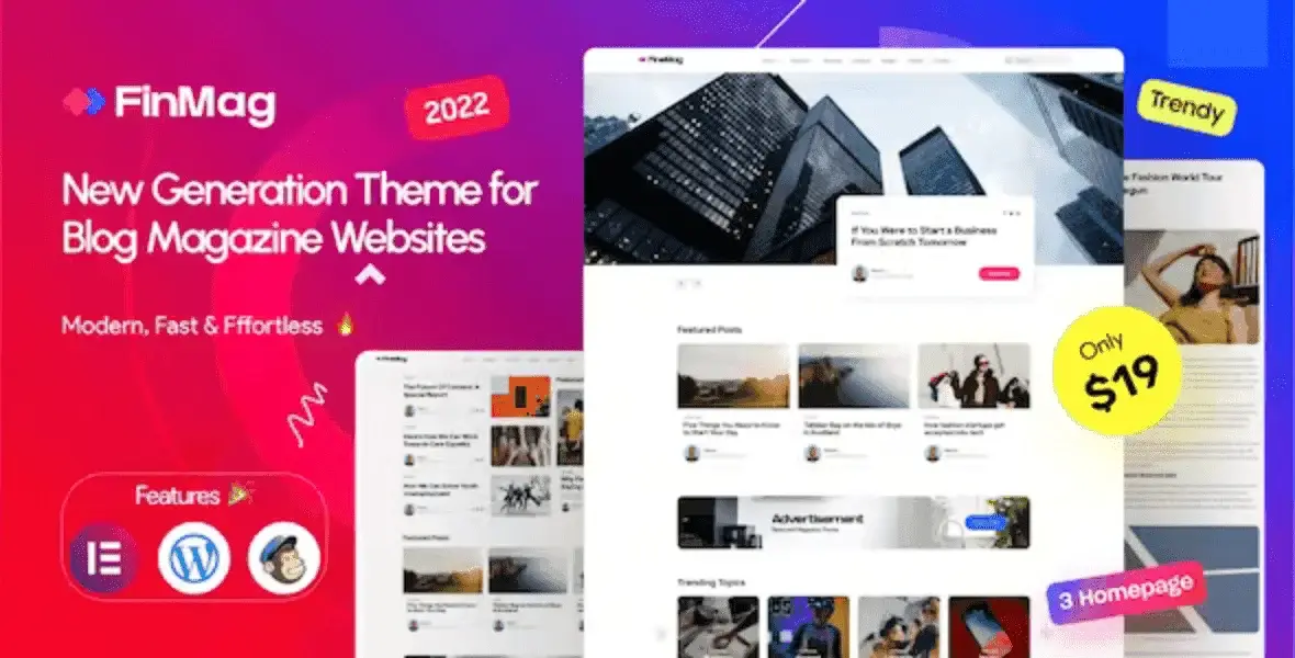 FinMag modern magazine WordPress theme demo showing clean blog and news layout with Elementor integration