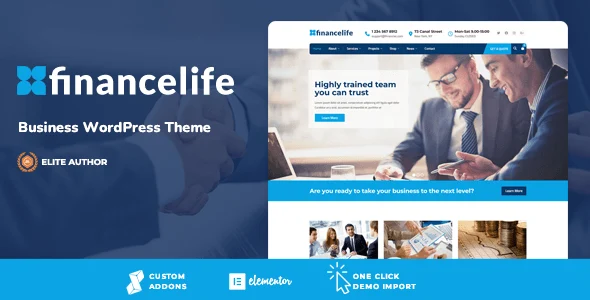 FinanceLife business WordPress theme homepage demo layout with Elementor page builder