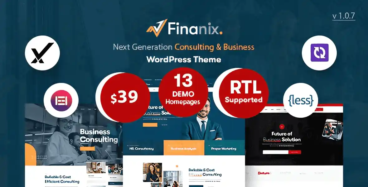 Finanix Business WordPress Theme dashboard showing Elementor editor with corporate homepage demo