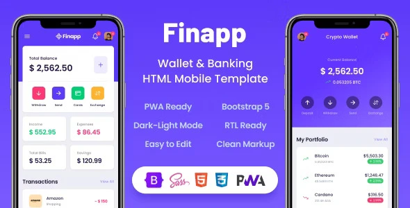 Finapp mobile wallet and banking HTML template preview