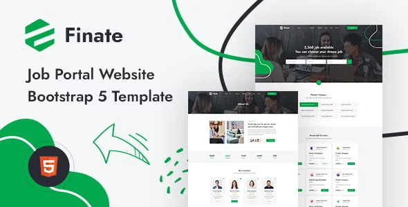 Finate job portal website template homepage showing job listings and candidate profiles on Bootstrap 5 framework